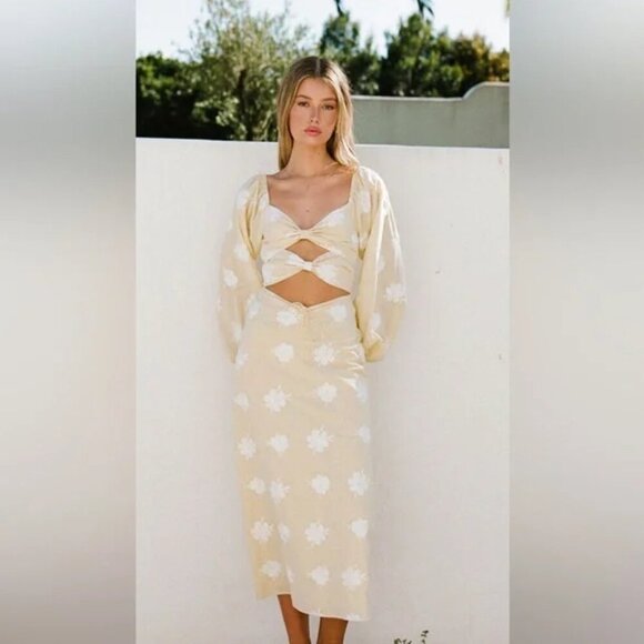 SABO Jean Maree Yellow White Cotton Gingham Floral Puff Sleeve Midi Maxi Dress - Picture 1 of 14